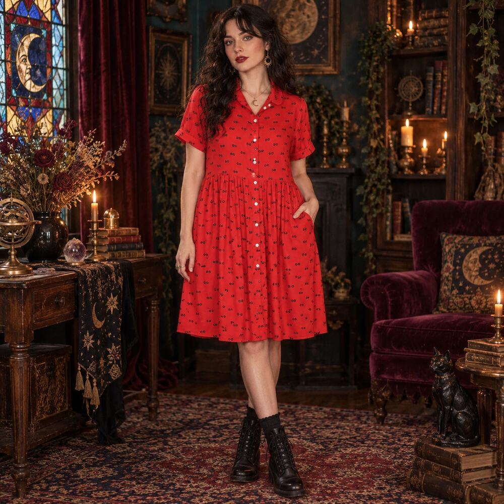 Lonyuash Red Eyeball Shirt Dress Sz M Whimsigoth Kitschy Spooky Creepy Cute